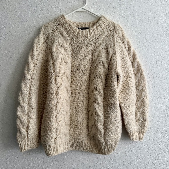 Vtg Wool Fisherman Sweater Knit Chunky Ivory Cable Knit Cream Handmade Pullover